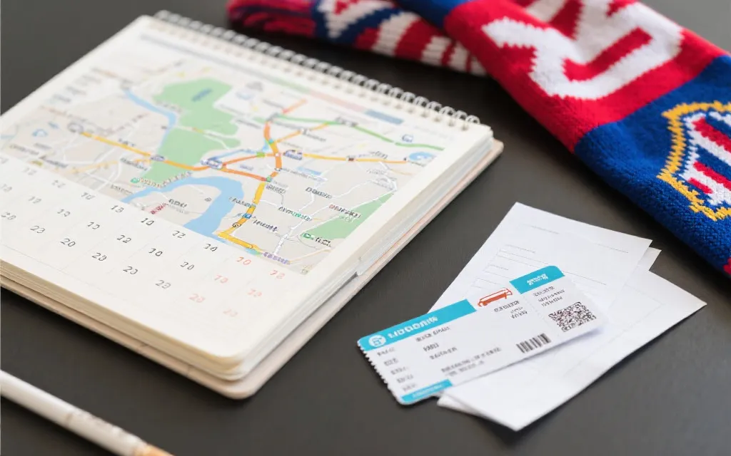 地图与赛程叠加的旅行规划桌面，包含日历、车票与球票，体现小组赛城市串联路线