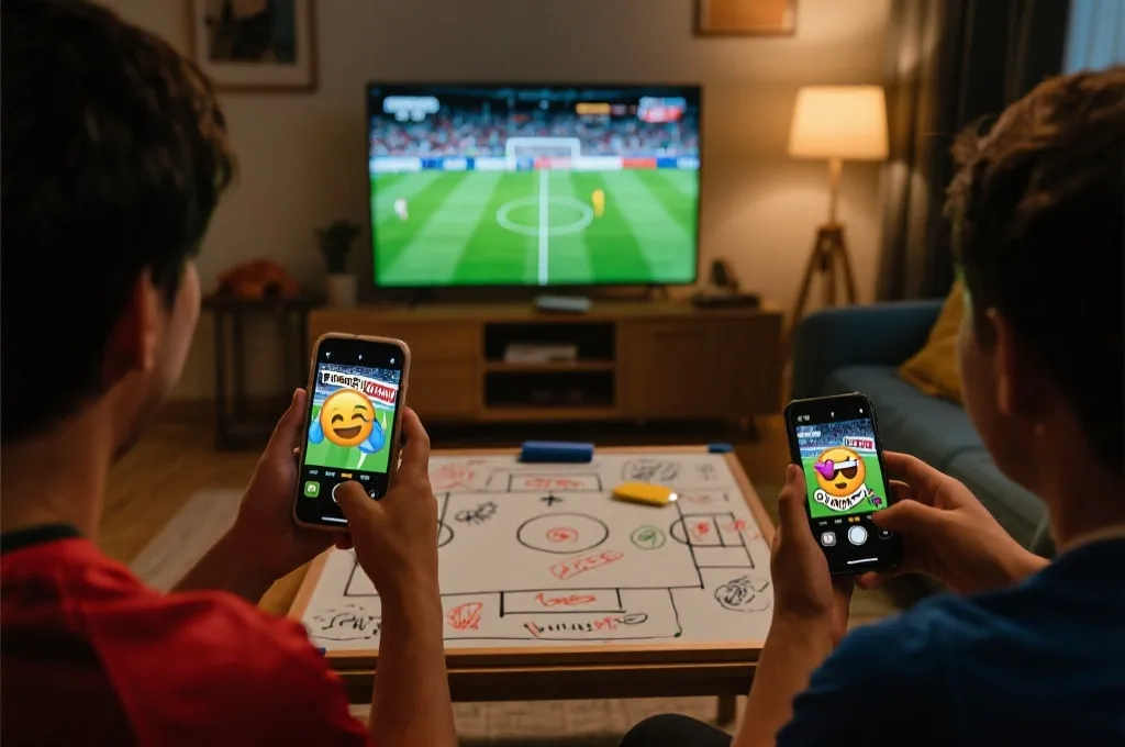 球迷在客厅看球，手机上出现弹幕与表情包，画面中有战术板涂鸦，体现二创与观赛同步发生